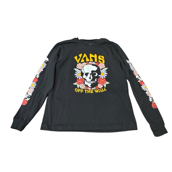 Vans Skull Rose Floral Graphic Long Sleeve T Shirt SZ L Black Punk Grunge Skater - Picture 11 of 12